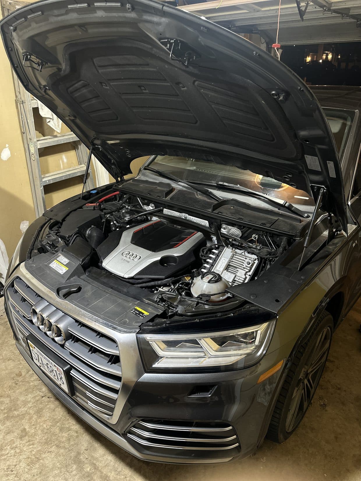 Audi Q5 engine bay open during service, Audi repair Northern Virginia