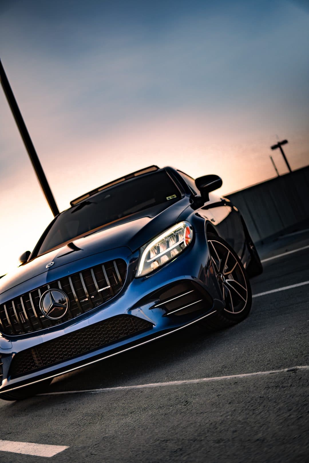 2019 Mercedes-Benz C43 AMG Coupe · Blue C43 documented over multiple visits. Panamericana grille swap, full transmission service, brake refresh, and calipers wrapped in reflective yellow vinyl.