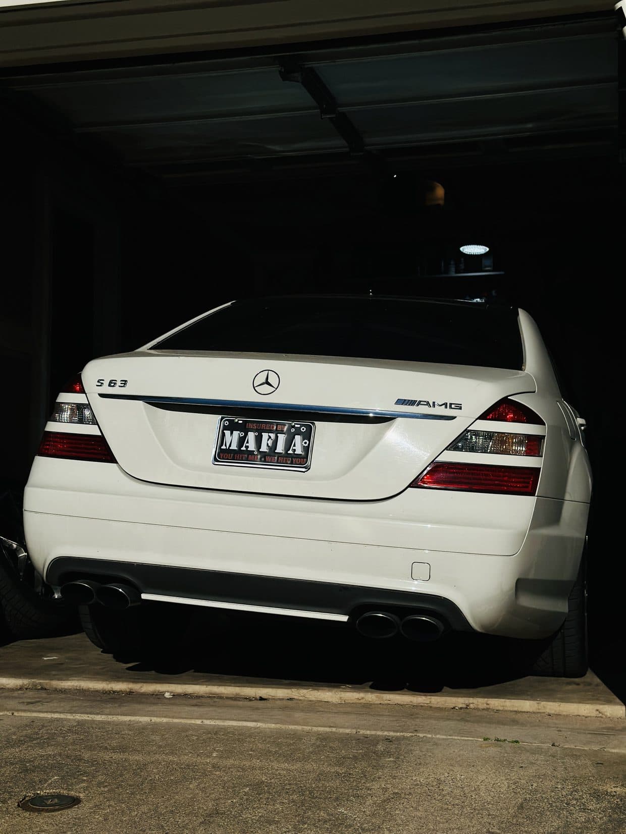 White Mercedes-Benz S-Class rear in garage, Mercedes repair Northern Virginia
