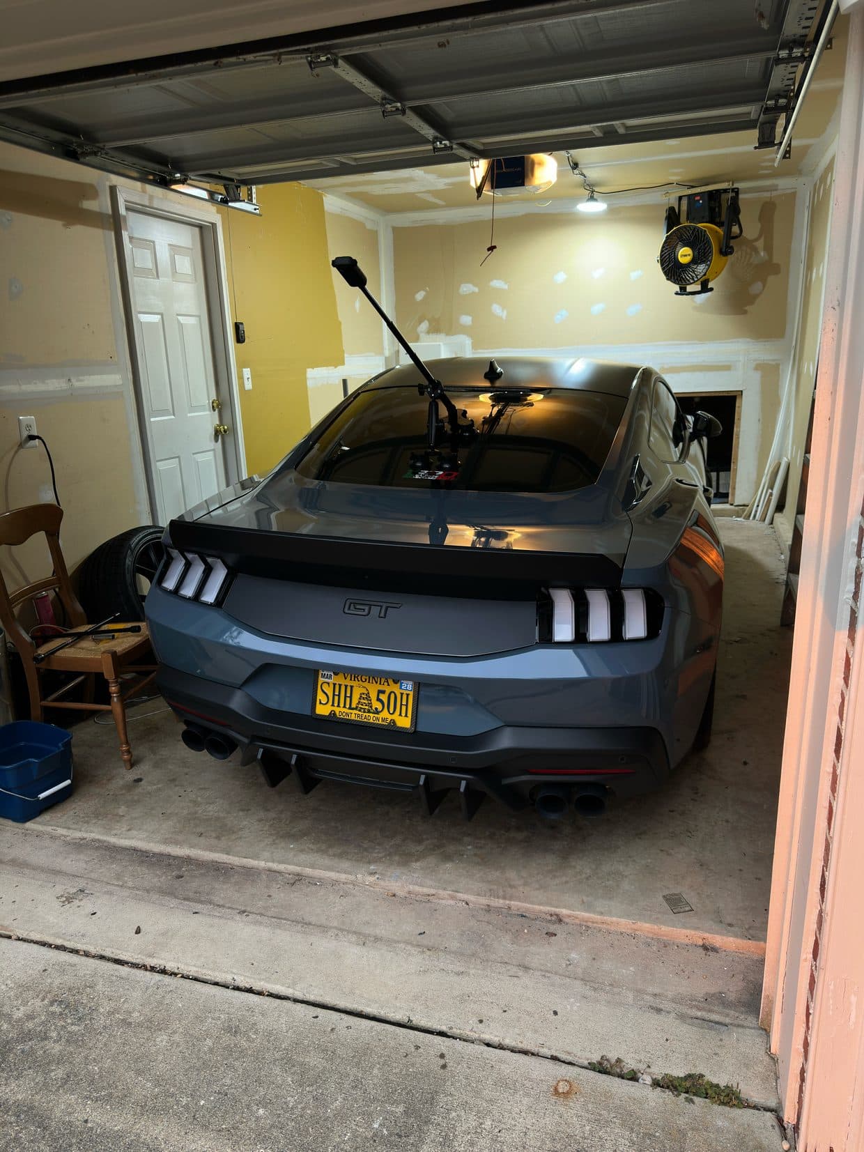 Gray Ford Mustang S650 GT rear in garage, Ford performance Sterling VA